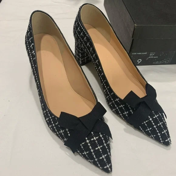 J. Crew Avery Black and White Tweed Pointed Toe Pumps with Bow Size 9 - Picture 1 of 5